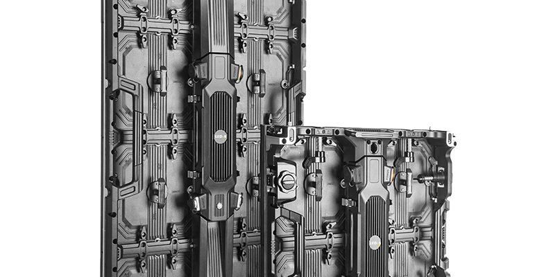 Backside angled view of two LED display panels, featuring a dual cabinet and a 500x500mm panel